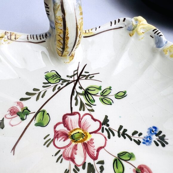 Italian Hand-Painted Vintage Ceramic Dish with Handle - Floral Design, Scalloped - Picture 7 of 10